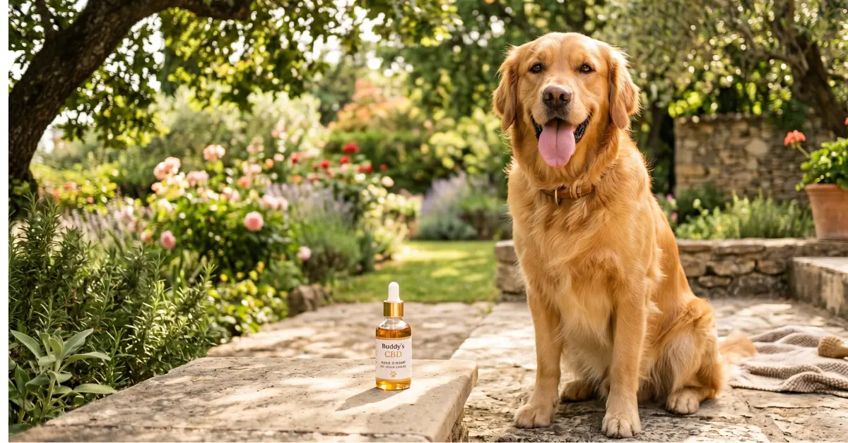 Chien golden retriever heureux à côté d'un flacon d'huile CBD