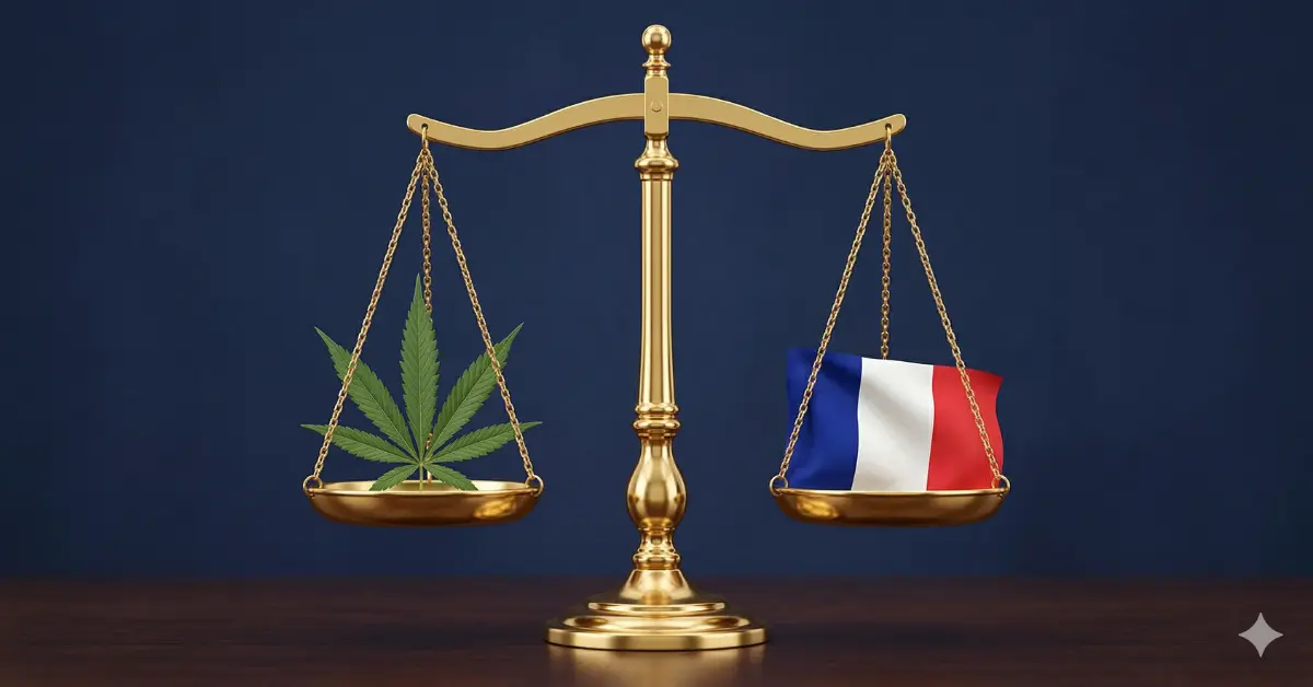 Balance de justice symbolisant la légalité du CBD en France en 2026