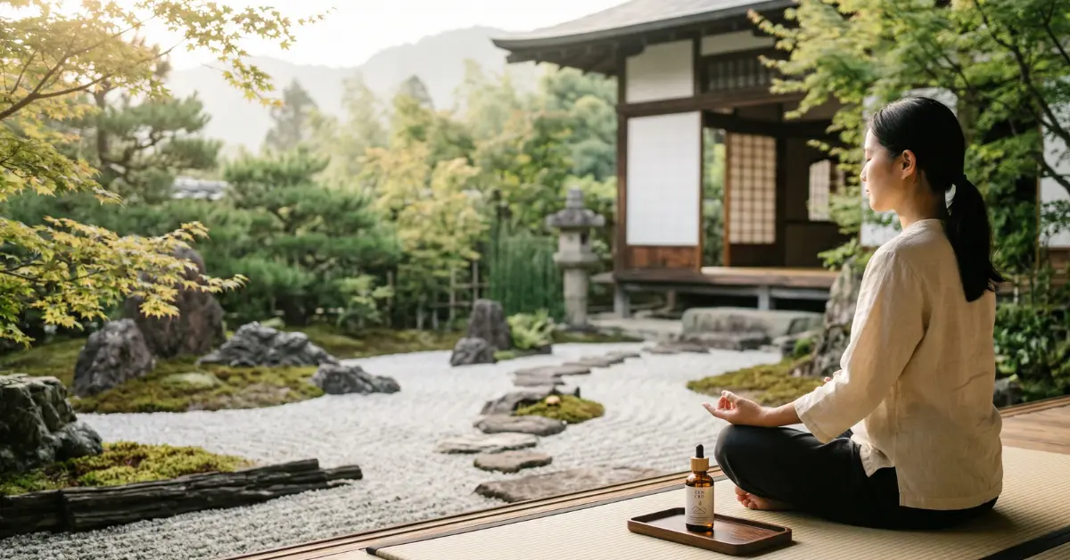 Méditation avec CBD dans un jardin zen pour réduire le stress