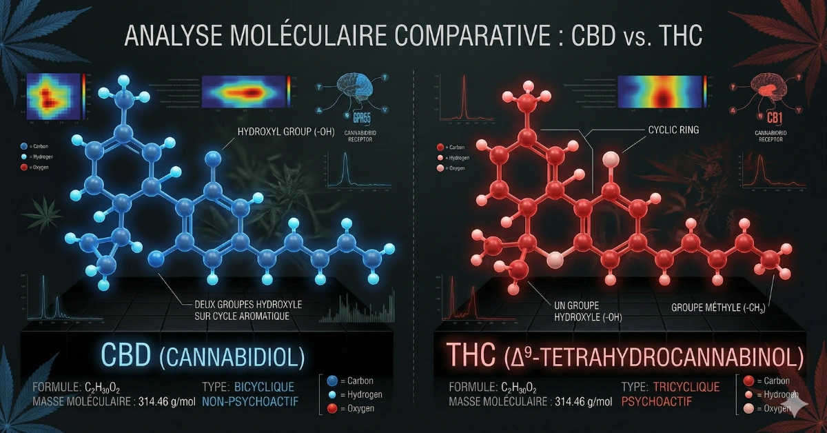 Molécules CBD et THC côte à côte montrant leurs différences