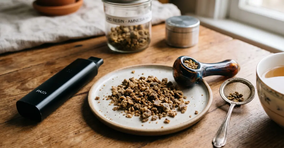 Résine CBD émiettée avec accessoires de consommation