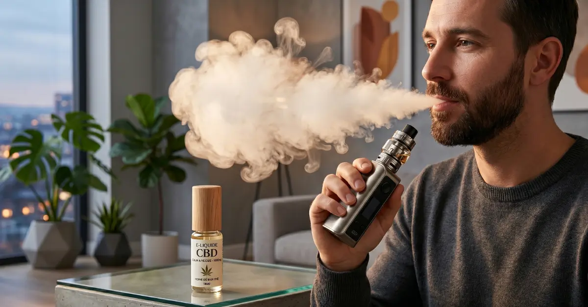 E-liquide CBD avec cigarette électronique et nuage de vapeur