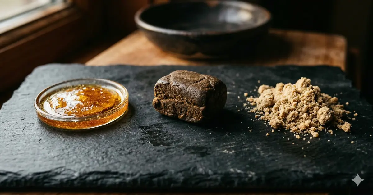 Collection de résines CBD artisanales : piatella, hash et pollen sur ardoise