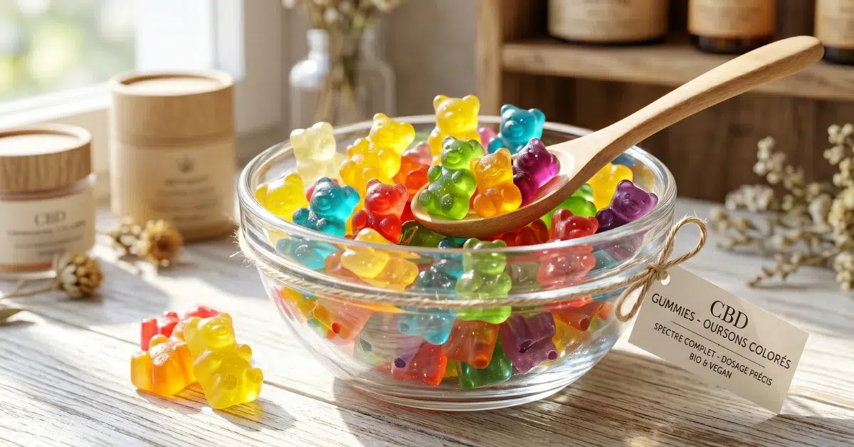 Assortiment coloré de gummies et bonbons CBD dans un bol en verre