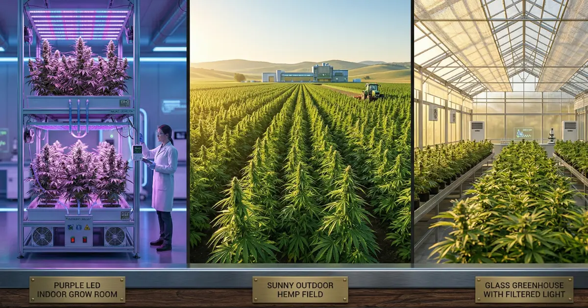Triptyque des modes de culture CBD : indoor, outdoor et greenhouse