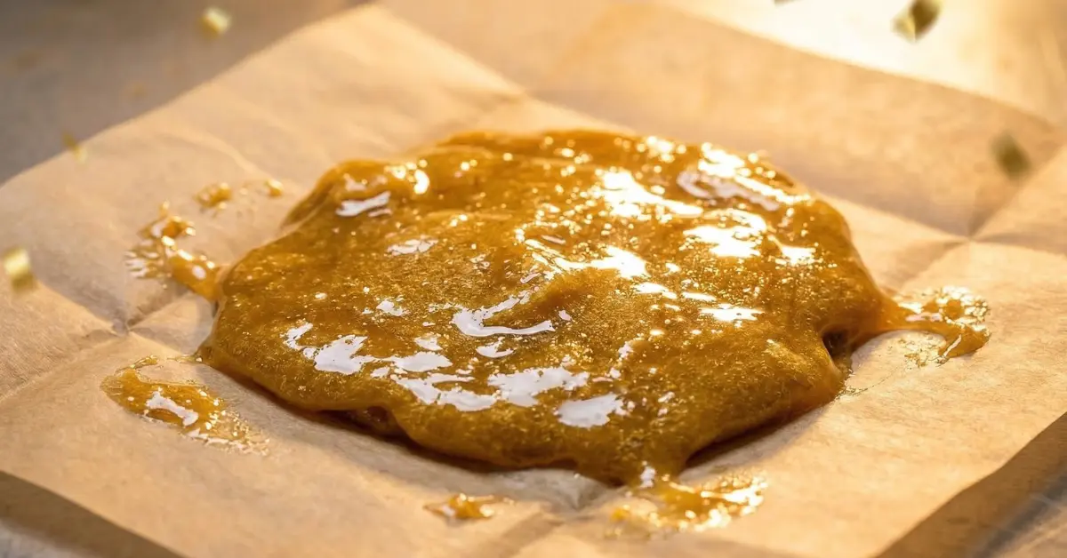 Piatella CBD dorée à la texture lisse et brillante sur papier sulfurisé