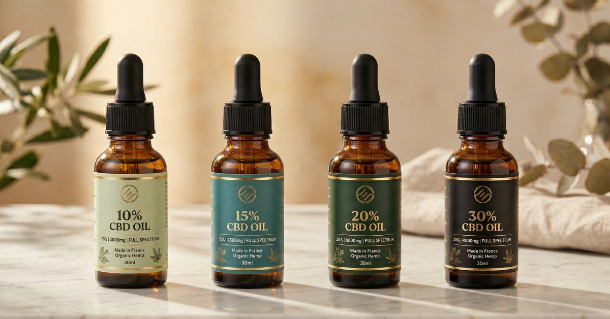 Comparatif des huiles CBD 10%, 15%, 20% et 30% alignées
