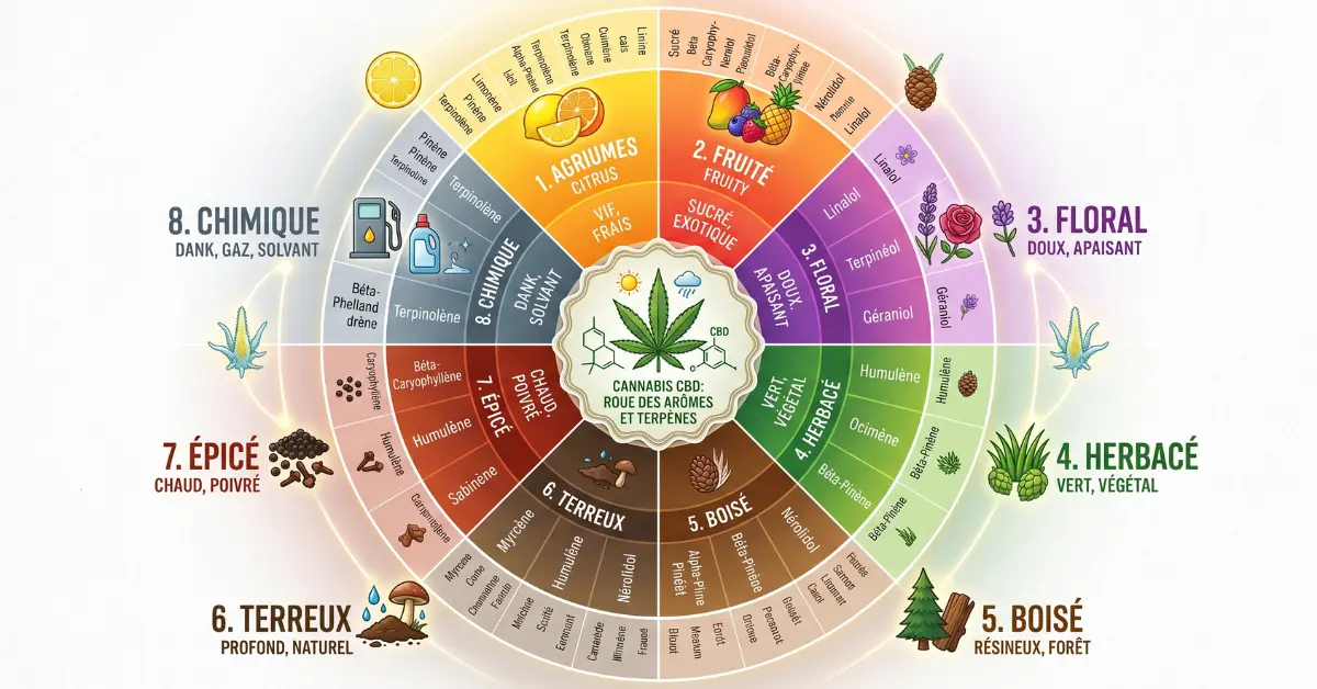 Roue des arômes et terpènes du CBD avec icônes