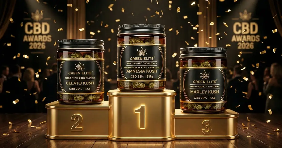 Top 10 des meilleures fleurs CBD 2026 sur podium doré