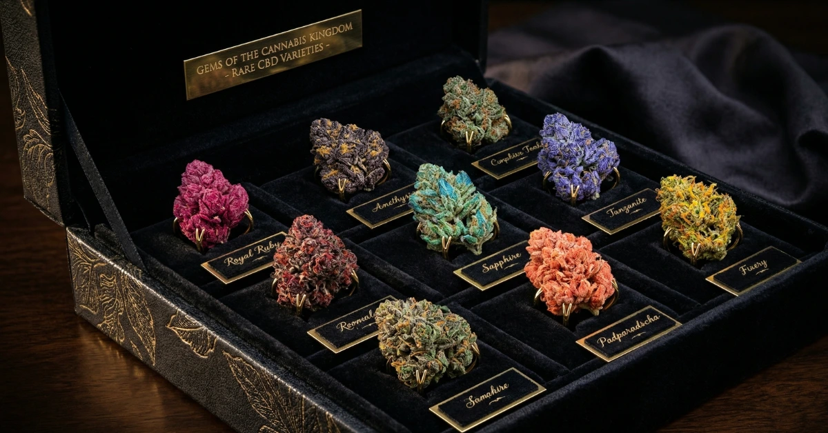 Variétés CBD rares 2026 présentées comme des joyaux